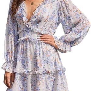 Bengbobar Women's Deep V Neck Backless Ruffles Long Sleeve Midi Dress